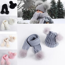 Toddler Knitted Beanie Cap Scarf Set Kids Baby Boy Girl Winter w. Pom Bobble Hat