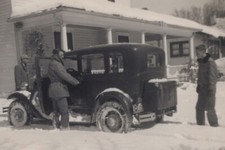 1950s Men Vintage Car Snowy Day Winter Coats Porch Scene