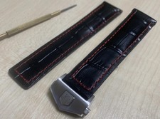 22mm Tag Heuer Black/Red stitch Leather wrist Watch Strap with clasp