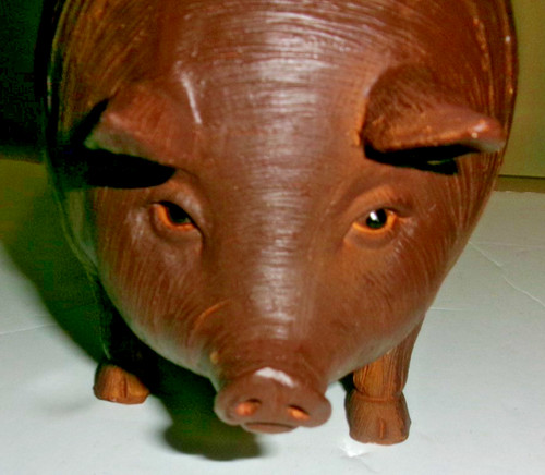 Handcrafted brown wood pig - brown,