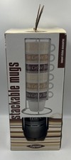 Retro Rayware 6 Stacking Cups  with Chrome Holder Mocha Stackable Tea Coffee New