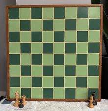 VINTAGE MID CENTURY LARGE TEAK MOUNTED GREEN CHEQUERED ACRYLIC CHESS BOARD