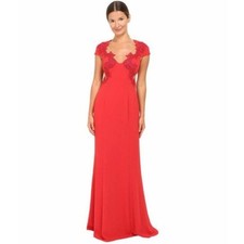 NWT Marchesa Notte 4 Red Crepe Flare Illusion Evening Dress Embellished