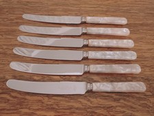 Vintage MCM Set 6 x Mother of Pearl Handle DINNER KNIVES - Pinder Bros Sheffield
