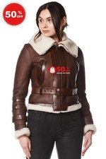 Ladies Dark Chestnut Brown Real Shearling Sheepskin Biker Leather Jacket KB-451