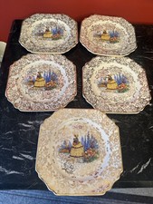 HUGHES LONGPORT VINTAGE HAND PAINTED  CAKE PLATES X 5