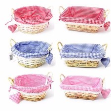 Gingham Cloth Lined Wicker Basket with Heart - 23cm Round / 25cm Rectangular