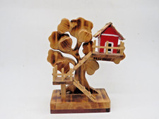 Hand-made Wooden Treehouse Sculpture Toy with a Red Cabin