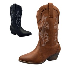Womens Pull On Cowboy Boots Ladies Mid Calf Western Style Casual Walking Shoes