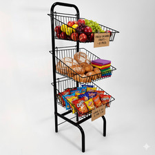 Wire Display Stand: 3 Tier Retail Basket Rack - Black for Shop, Market, Bakery
