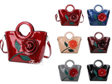 New Women Large Shiny Patent Leather 3D Floral Shouder Bag Tote Shopper Handbag