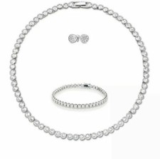 Tennis Necklace Earrings Rhodium Bridal Wedding Bracelet Set Inspired 3pc