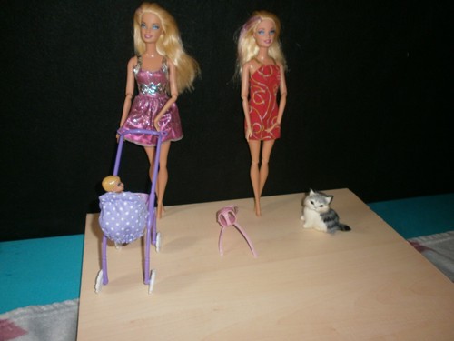 Barbie with child and cat - and,
