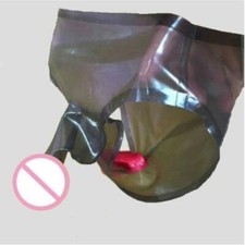 Mens Latex Rubber Dual Sheath Pants Shorts Briefs Underwear Black Translucent