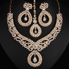 3 Pcs Asian Indian Gold Plated Tikka Earrings Necklace Jewellery Set*Uk Seller*