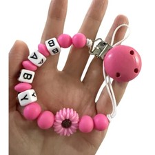 Personalised Girl Name Baby Pacifier Clips Dummy Clips Daisy Silicone Beads Pink