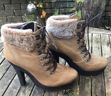 Beige Leather Vintage 90’s J Lo Fur top Lace Up High Heel Ankle Boots 7 Topshop