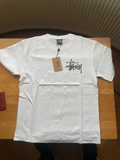 Men's White Stussy T-Shirt front and back print - Size Small