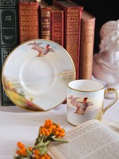 Minton Games Bird Signed, Hand Painted, Coffee Cup Set, English Porcelain