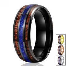 8MM Men Women Tungsten Carbide Ring Band Wood and Crushed Lapis Lazuli Inlay
