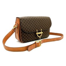 Vintage AUTH CELINE Shoulder bag with macadam pattern, gold hardware, PVC, brown