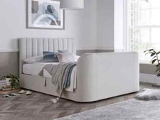 King Size TV Bed Natural Fabric Ottoman TV Bed With Storage & 43" TV Capacity