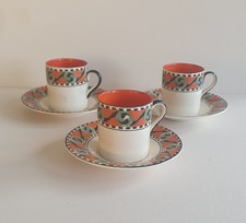 3 x Art Deco Soho Pottery Ambassador Ware Coffee Cups & Saucers Orange & Black 