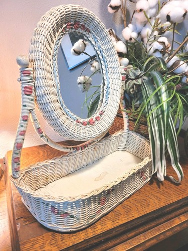 Vtg wicker vanity mirror tray - vanity,