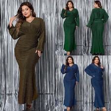 UK Ladies V Neck Glitter Christmas Party Long Sleeve Maxi Dress PLUS SIZE 14-24