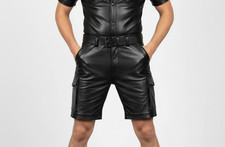 Men's Real Leather Black Cargo Shorts Clubwear Gay Fetish Casual Biker Shorts