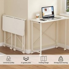 Wooden Folding Computer Desk with Wheels Portable Study Table for Small Spaces
