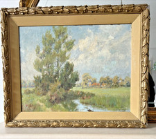 Antique Victorian Oil Painting c. 1895 Landscape in Original Gilt Gesso Frame