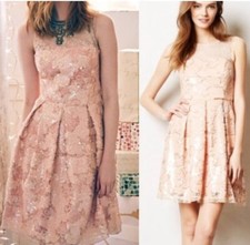 Anthropologie Eva Franco Pink Lace Sequin Fit & Flare Cocktail Party Dress Sz 8