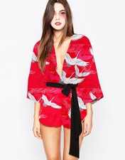 Ladies Red Oriental Chinese Japanese Kimono Fancy Dress Costume Outfit