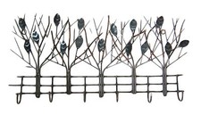 Metal Wall Art Decor Sculpture with 6 hooks shaped like trees with leaves silver