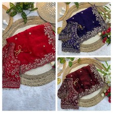 Soft satin silk saree sequence embroidery indian wedding party wear sari blouse