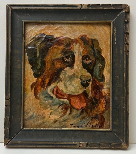 Antique oil painting dog - oil,