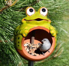 Ceramic Garden Decor, Frog Lawn stake - Bird Feeder Outdoor statue H 15cm