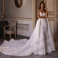 Detachable Train Wedding Dresses Mermaid Spaghetti Strap Appliques Lace Backless