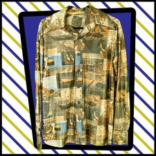 Vintage Classic 1970s Graphic SHIRT  Dagger Collar  Brown/Blue  Large   523 B