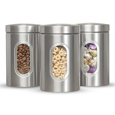 3Piece Stainless Steel Large Tea Coffee Sugar Kitchen Storage Jars Canisters Set