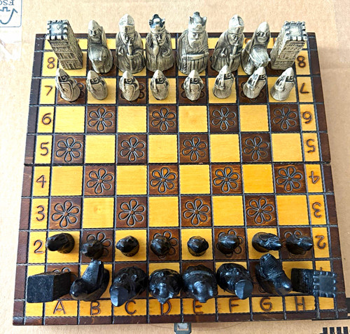 Carved wood chess set - wood, folding