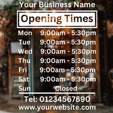 Personalised Opening Times/Hours of Business Window Wall Vinyl Custom Sign Decal