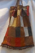 Vintage 70's Hippy Leather Patchwork Bag Boho Drawstring