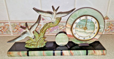 ANTIQUE ART DECO MARBLE CLOCK WITH BRONZE PAINTED SEABIRD MOTIF / SUPER COLOURS