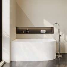 Nuie J Shape Corner Bath 1500mm Freestanding Back to Wall White Acrylic Bathroom