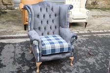 Fabric High Back Chair Mixed Grey Velvet With Blue Linen Check Ex-Display