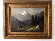 Antique Large oil painting figures in Alpine Landscape framed 90/72 cm