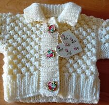  Stunning Hand Knitted Aran Baby Cardigan And Hat 0/3 Months Cream🤍❄️🤍