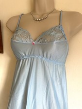 Vintage Blue Full Nightgown Slip Nylon Sz 8 Lace Coquette 1980s Clingy cute